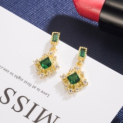 Korean earrings female square emerald earrings copper inlaid zircon earrings
