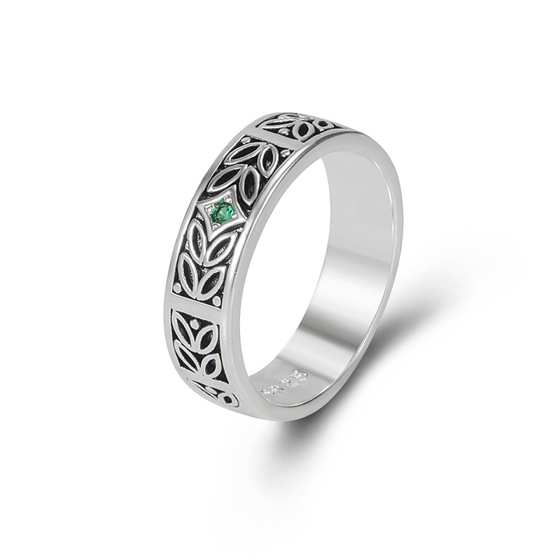 inlaid emerald silver ring European and American retro emerald ring
