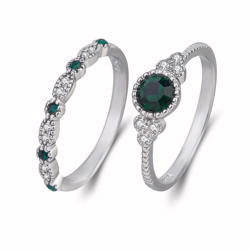 Europe and America twocolor double ring emerald zircon ring sapphire ring