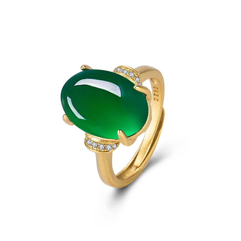 Retro ethnic green agate ancient gold green chalcedony ancient gold ring simple fashion