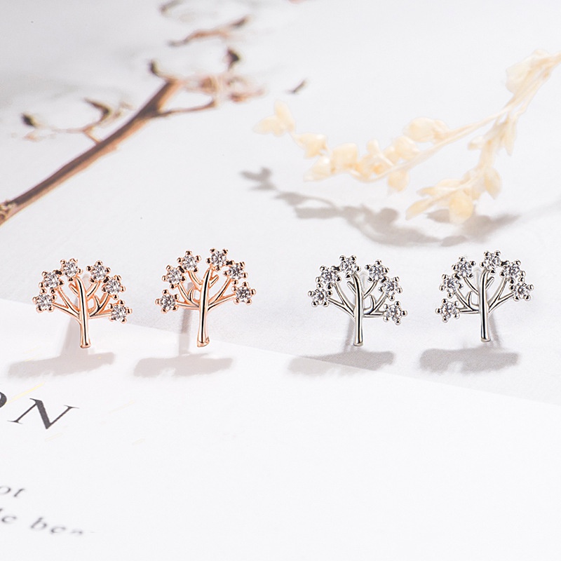 Korean version of cute silverplated tree of life earrings plant full of diamonds tree of life earrings