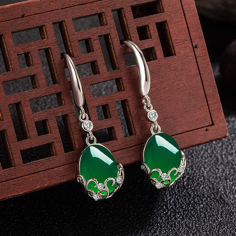 Retro ethnic green chalcedony earrings red agate earrings long hollow earrings wedding temperament earrings