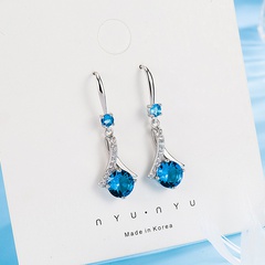 Korean Elegant Diamond Long Blue Crystal Copper Earrings Jewelry