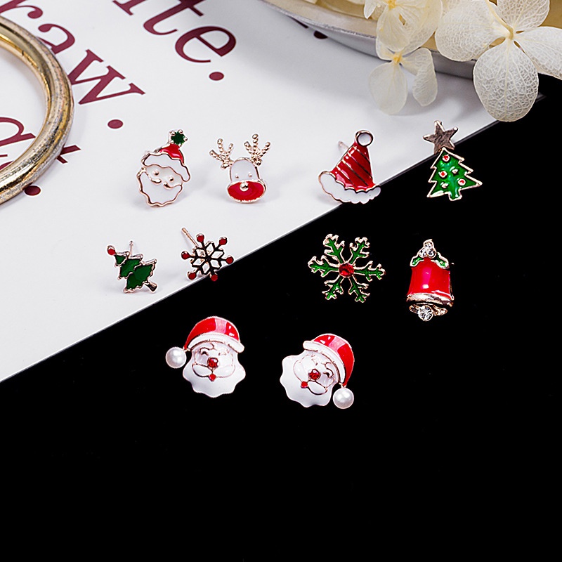 New Santa Claus Asymmetrical Earrings Korea Snowflake Elk Bell Dripping Oil Earrings