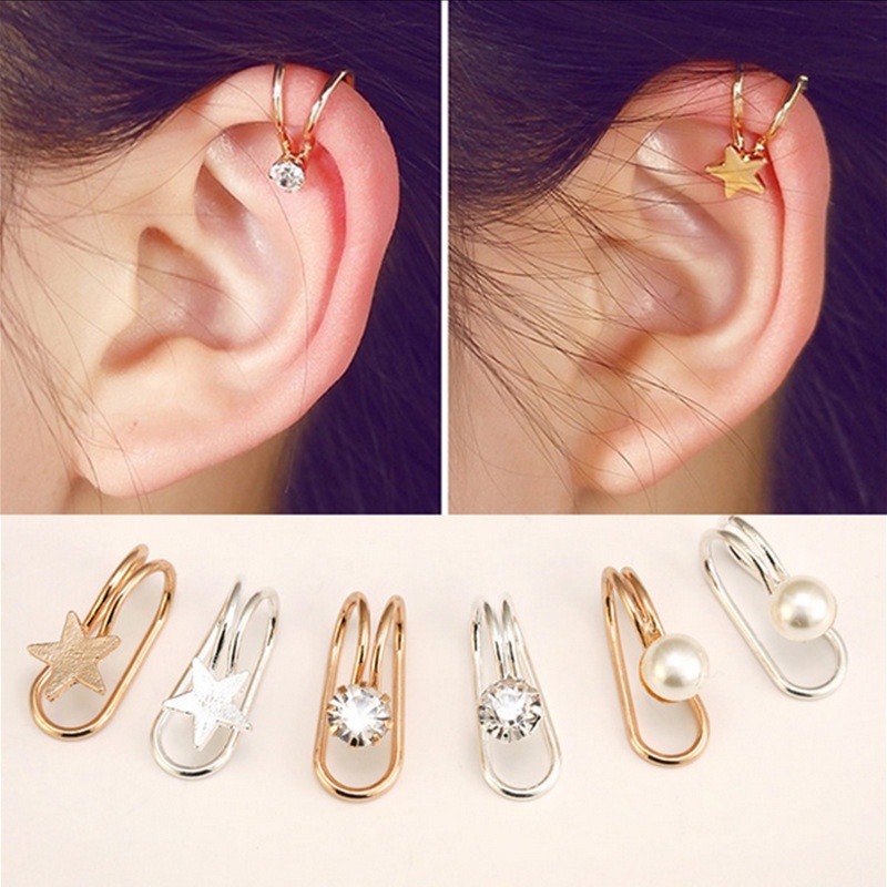 Korean creative pearl earrings temperament single diamond star ear clip Ushaped ear clip single set