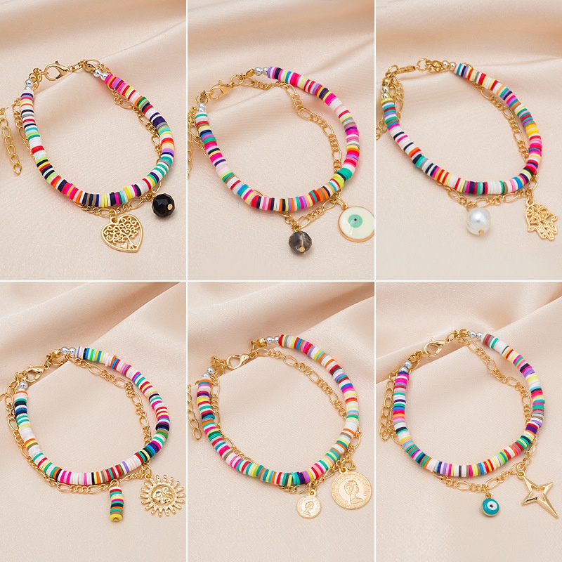 Bohemian colored clay multilayer coin sun palm eye bracelet wholesale