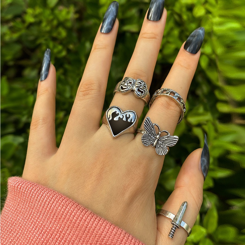 new butterfly elven ring 5piece set heart chain dagger joint ring wholesale