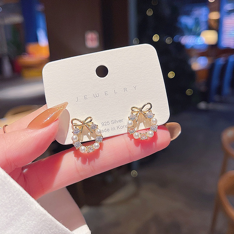 Korean new bow pearl zircon earrings female simple geometric copper earrings wholesale