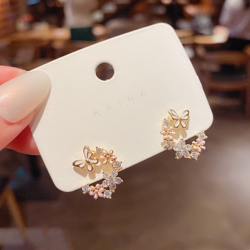 Korean new Cshaped small flower butterfly copper zircon earrings wholesale