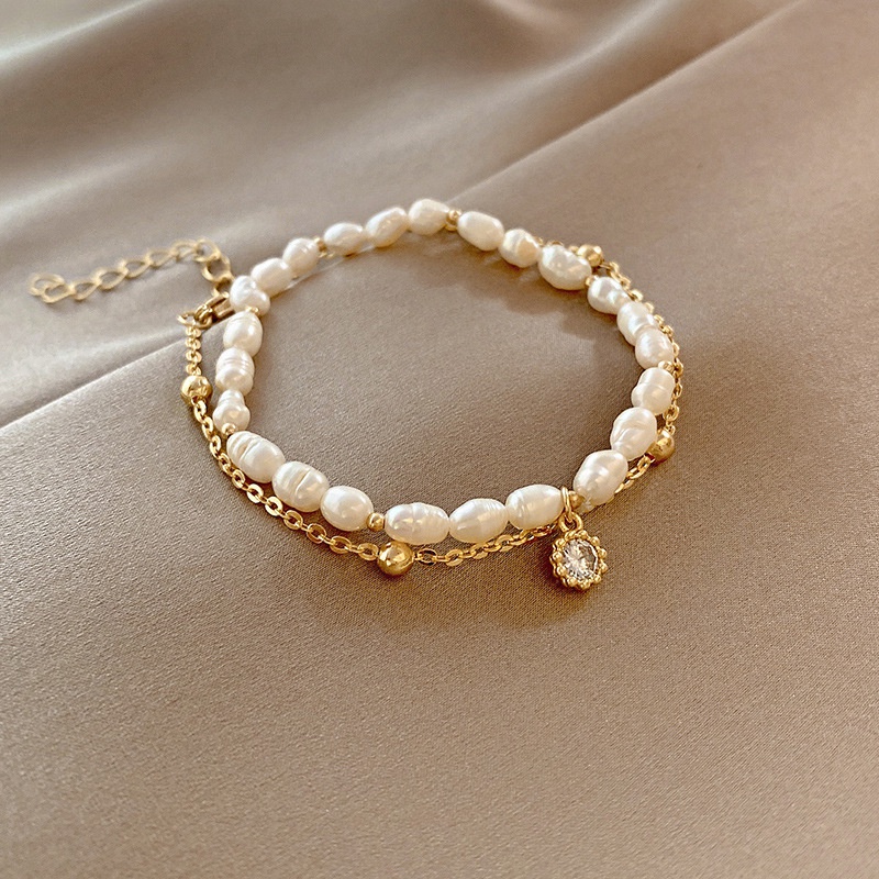Korean fashion simple pearl bracelet female double layered copper zircon bracelet wholesale