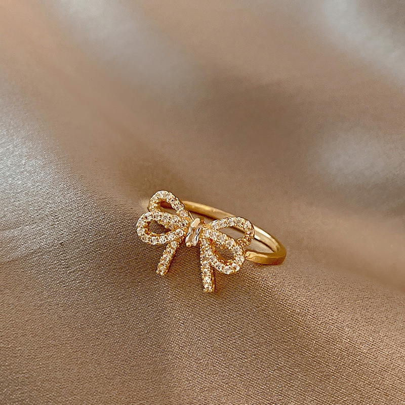 fashion bow full diamond ring female niche zircon open copper index finger ring wholesale