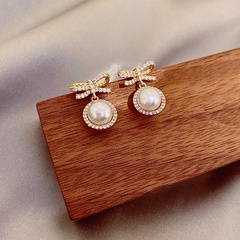 Korean Pearl Stud Earrings Female Bow New Trendy Copper Ear Jewelry