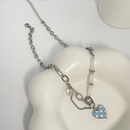 Hiphop blue white checkered heart pendant titanium steel necklace checkerboard clavicle chainpicture7