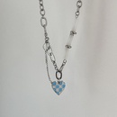 Hiphop blue white checkered heart pendant titanium steel necklace checkerboard clavicle chainpicture9