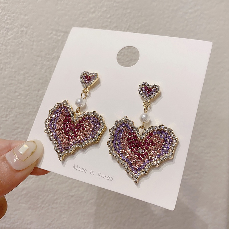 retro color full diamond color heart copper earrings wholesale