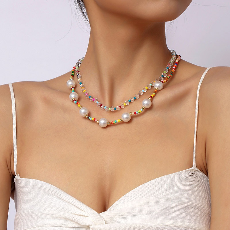 Bohemian handwoven crystal bead multilayer necklace pearl pendant jewelry