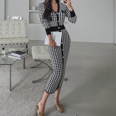 Single-breasted button houndstooth V-neck long-sleeved knitted dress over-the-knee sweater dress