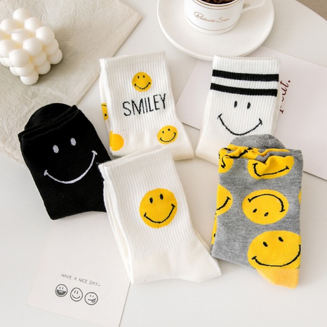 Smiley socks female spring and autumn pure cotton tube socks college style long tube cotton socks's discount tags