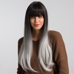 Long Straight Gradient Black Gray Grayish White Synthetic Wig with Bangs Cosplay Wig