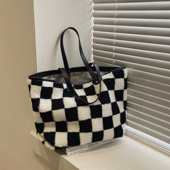 Plush tote large capacity new autumn and winter fashion plush checkerboard shoulder handbag