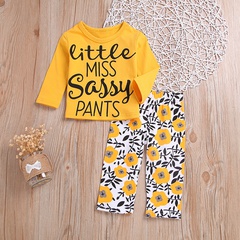 European and American children round neck letter long-sleeved shirt flower trousers two-piece suit