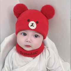 Autumn and winter baby hat scarf wool hair ball bear infant knitted hat two-piece