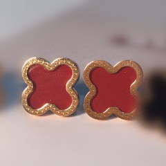 Women's fashion red four-leaf clover titanium steel earrings