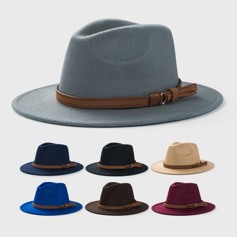 Sombrero de lana retro Accesorios de cinturón monocromático coreano Sombrero de copa Sombrero de jazz de ala grande simple NHHAO480838's discount tags