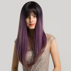Pelucas sintéticas de color púrpura degradado de pelo largo y liso con pelucas de mujer flequillo