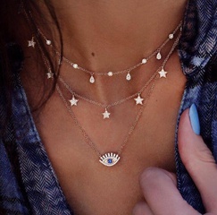 European and American retro water drop five-pointed star rhinestone creative  eyes blue three-layer necklace