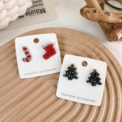 Red Christmas socks cane earrings full diamond earrings Christmas tree earrings's discount tags