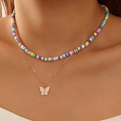 Jewelry New Bohemian Color Rice Bead Double Butterfly Pendant Necklace Wholesale