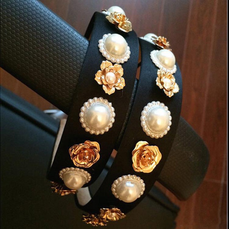 Baroque simple full of diamonds pearls sun flowers wide headband wholesale
