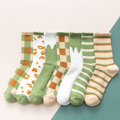 Green autumn and winter women's socks in the tube hit color breathable striped plaid cotton socks