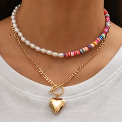 Korean sweet fashion personality imitation pearl soft pottery heart pendant necklace
