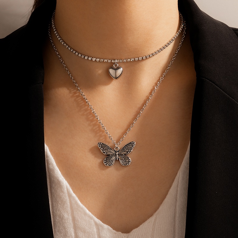 Fashion Simple Retro Silver Heart Full Rhinestone Butterfly Pendant Doublelayer Necklace
