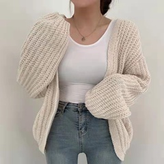Autumn V-neck loose solid color lantern sleeve knitted sweater jacket