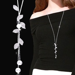 Korean Fashion Concise Leaf Flash Rhinestone Pearl Accessories Drop Ear Long Necklace Chain