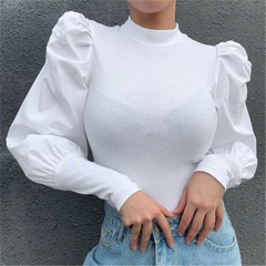 Camiseta de manga larga de manga larga con parte superior delgada y manga abullonada para mujer de otoño e invierno para mujer