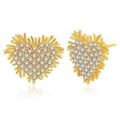retro full diamond zircon heart-shaped 18K gold copper small earrings