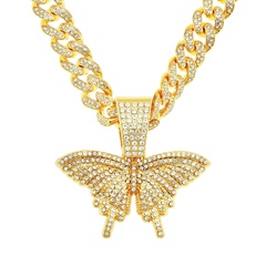 Hip-hop full diamond three-dimensional butterfly pendant wide chain Cuban chain necklace
