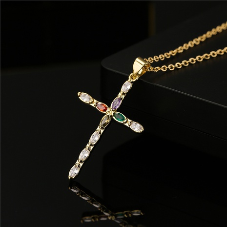 retro copper plated real gold color zirconium cross pendant necklace female religious jewelry NHFMO490456's discount tags