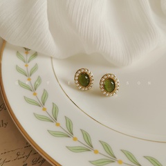 Korean version retro imitation pearl oval green opal small earrings