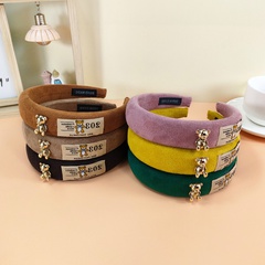 autumn and winter new suede sponge headband alloy bear hairpin labeling wide edge press hairband