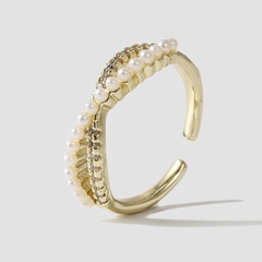 Korean simple copper inlaid zirconium 8 word pearl open creative exquisite color retention ring jewelry