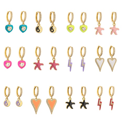 retro micro-inlaid zircon oil drop color heart starfish lightning earrings's discount tags