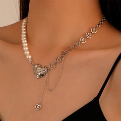 fashion metal splicing pearl heart clavicle chain trendy irregular hollow alloy necklace
