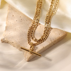 Collar de doble capa de cadena cubana con colgante de barra en T de oro de 14 quilates de acero inoxidable europeo y americano