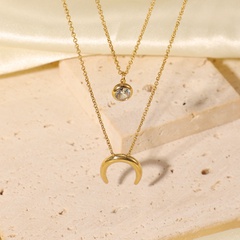 fashion 14K gold stainless steel upside down moon single zircon double-layer necklace wholesale