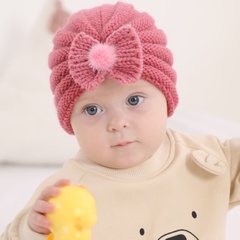 INS children's woolen knit hat solid color infant bowknot wool ball warm hood